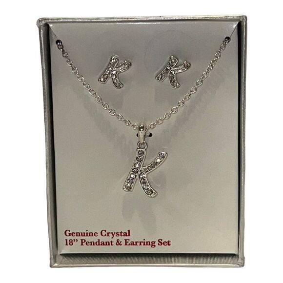 Genuine Crystal 18" Pendant Necklace & Earring Set Initial "K" Silver Tone New - Picture 1 of 3